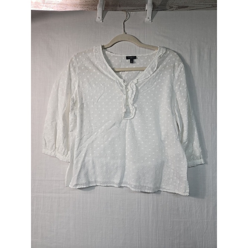 Talbots Women's Small Petite White Textured Blouse‎ Swiss Dot Lightweight Ruffle